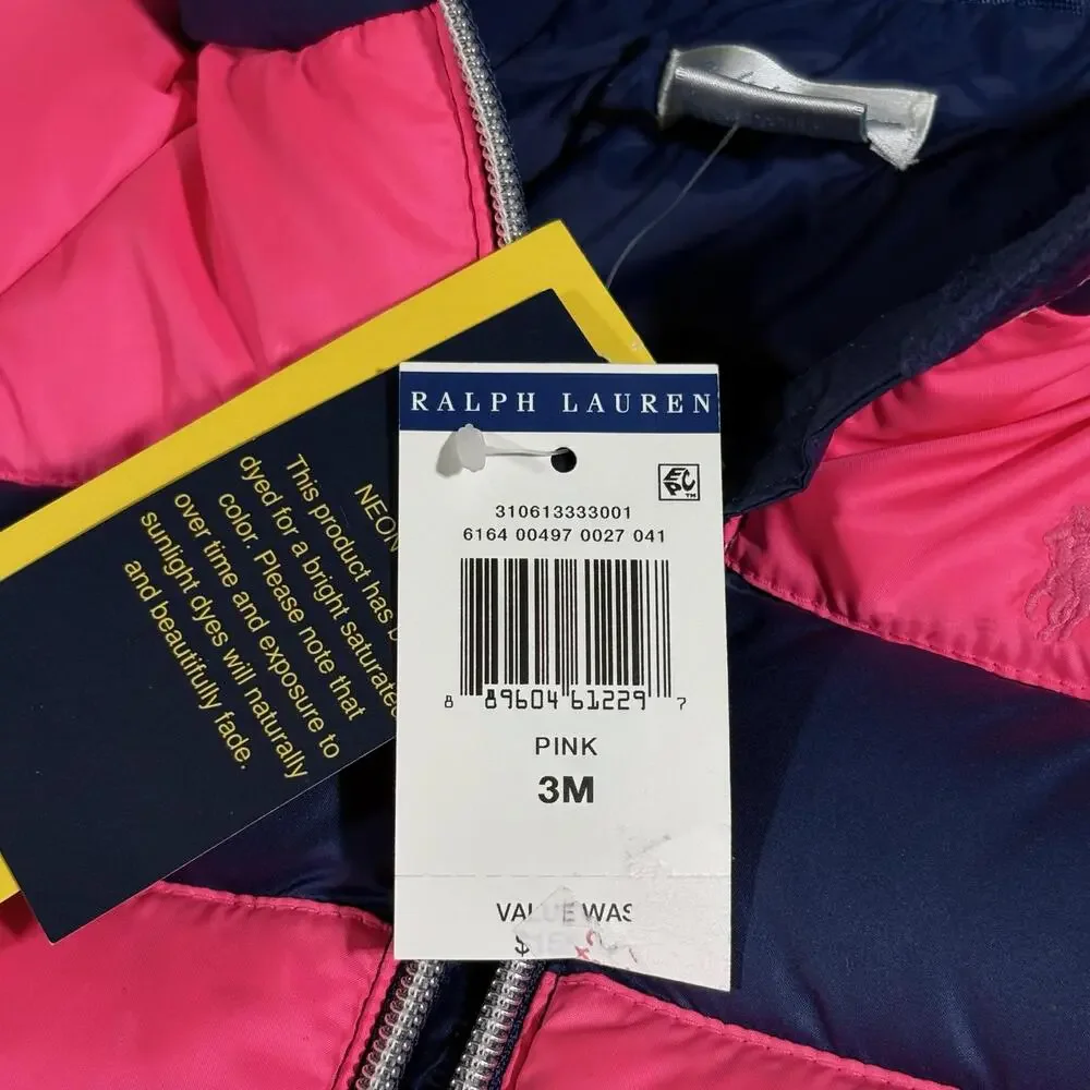 Ralph Lauren Jacket Infant Girls 3M Pink Navy Striped Hooded Down Puffer Winter